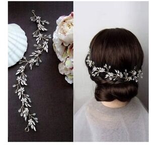 Silver‎ Leaf Wedding Hair Vine, Flower, Crystal, Rhinestone, Long Headband